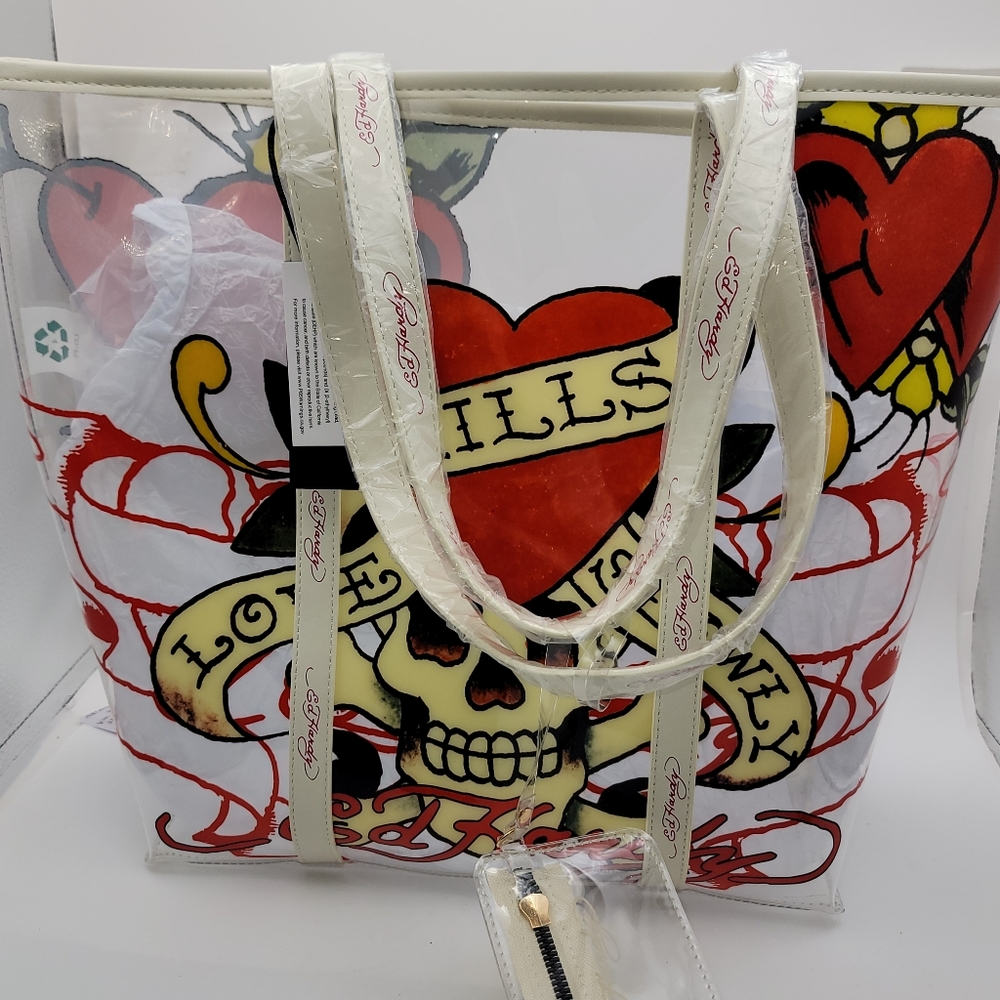 NWT!! Ed Hardy Cream Tote Bag‎ with Skull and Heart Design